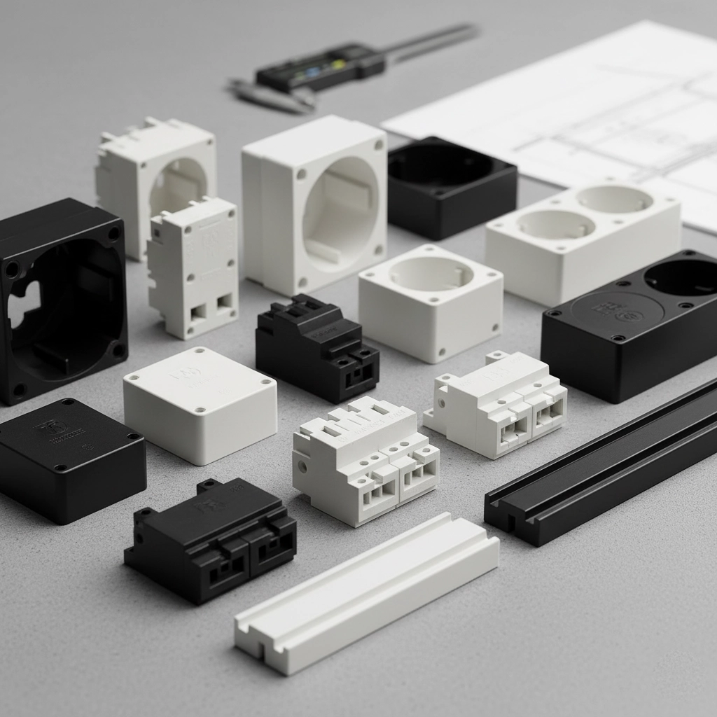 A collection of flame-retardant (FR) white and black plastic electrical components and casings