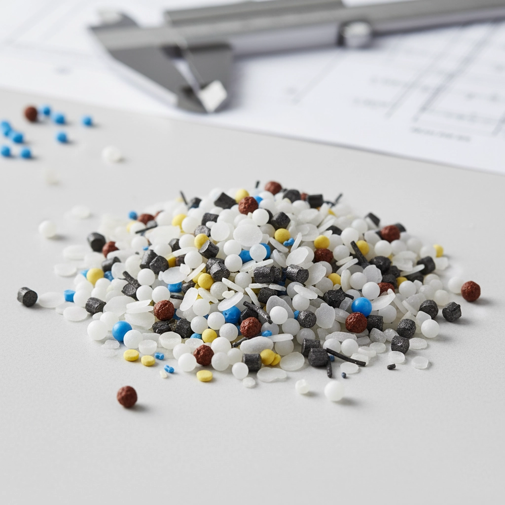 A technical-looking image of functional additive masterbatch pellets, perhaps showing a unique pellet shape or mix