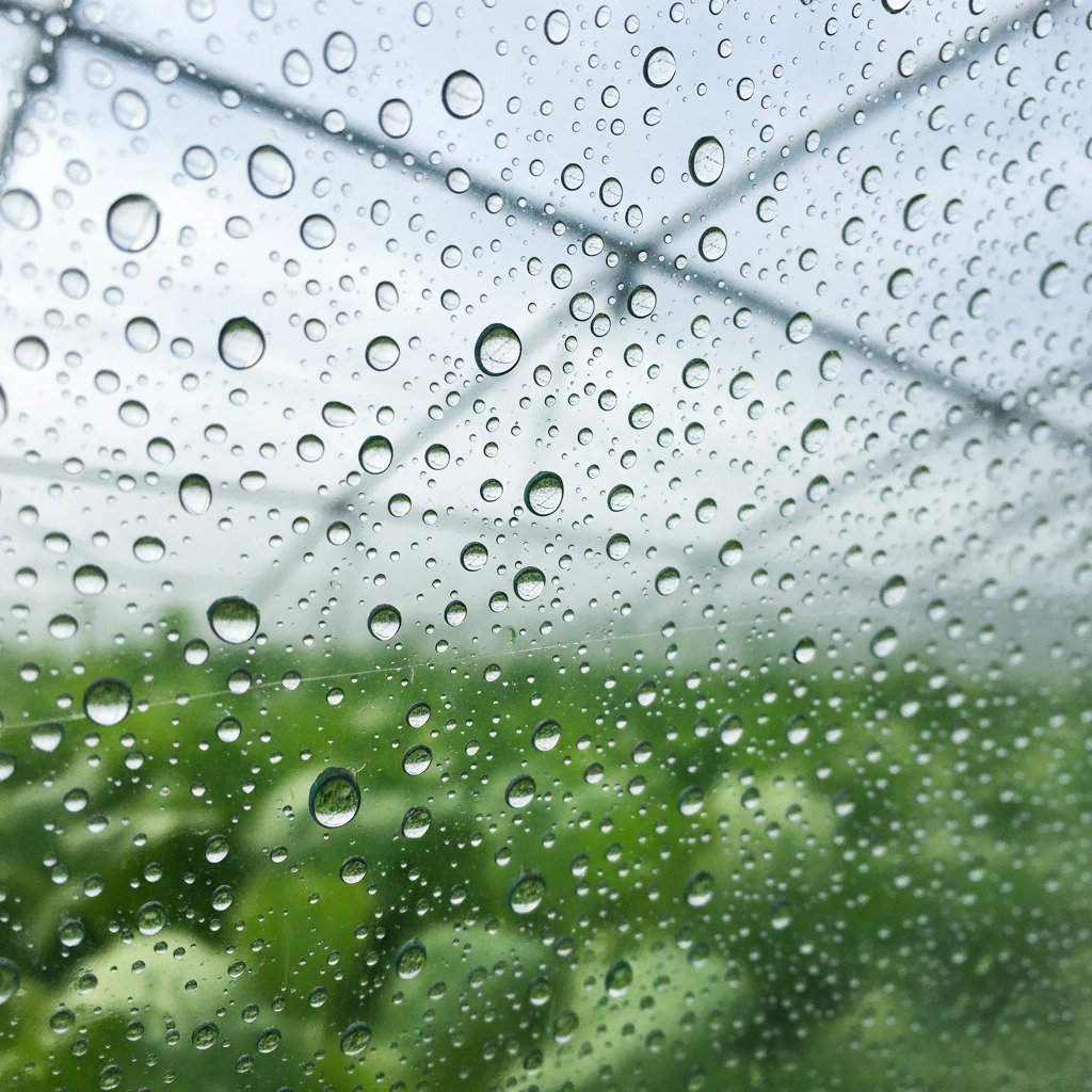 A close-up of a greenhouse film with clear water droplets, demonstrating anti-fog properties and UV protection for agriculture