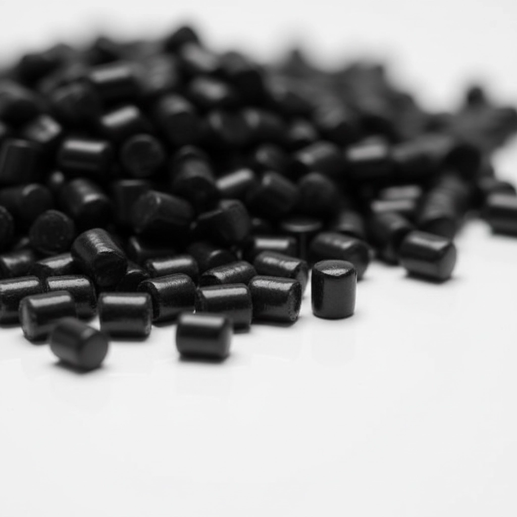 A close-up of high-jet black masterbatch pellets with a deep, glossy, and rich black finish