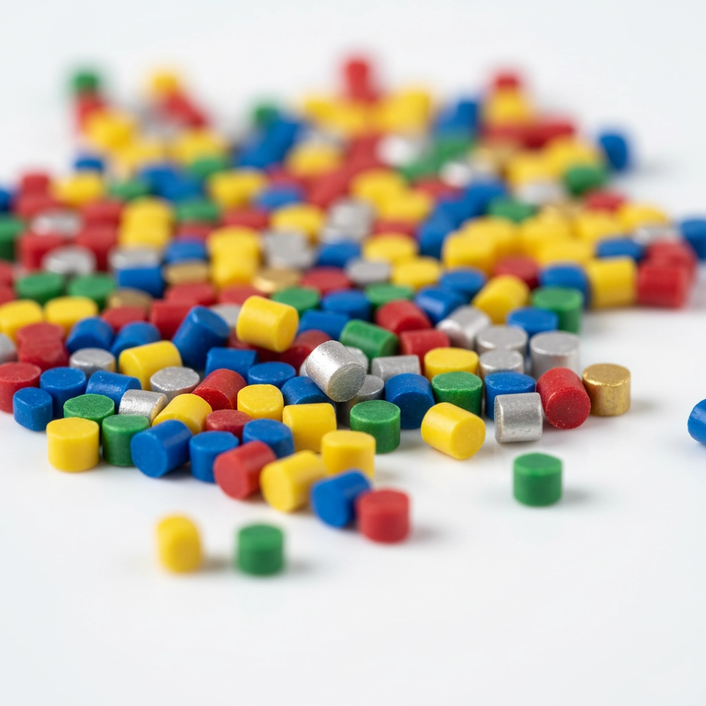A vibrant macro shot of multi-coloured polymer pellets, showcasing a wide custom colour range