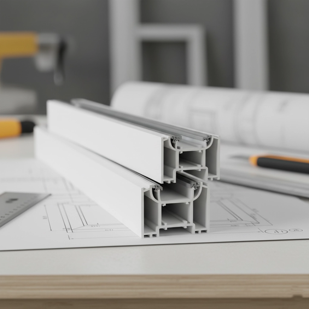 A cross-section of durable, weather-resistant white PVC window profiles for the construction industry