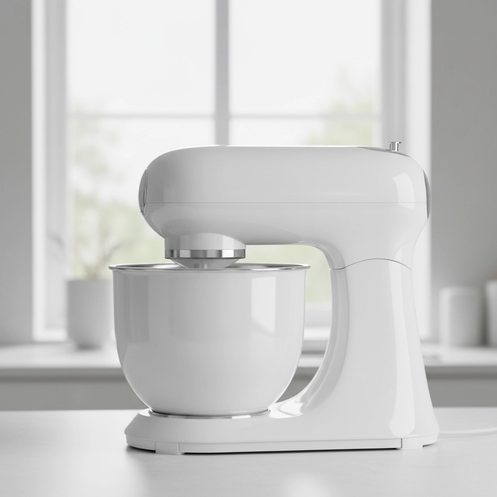 A modern home appliance with a smooth, high-gloss white plastic finish, showing colour consistency