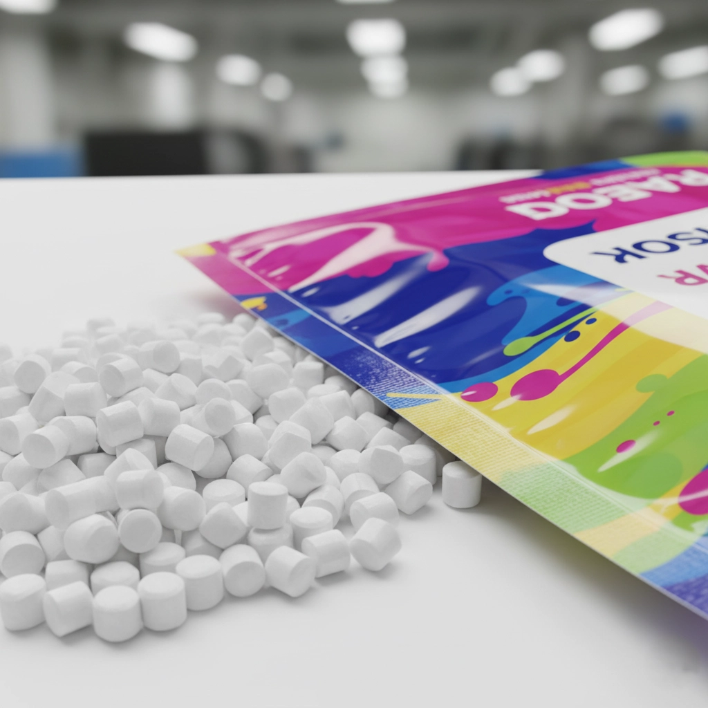 High-opacity masterbatch pellets next to vibrant, food-grade flexible packaging film