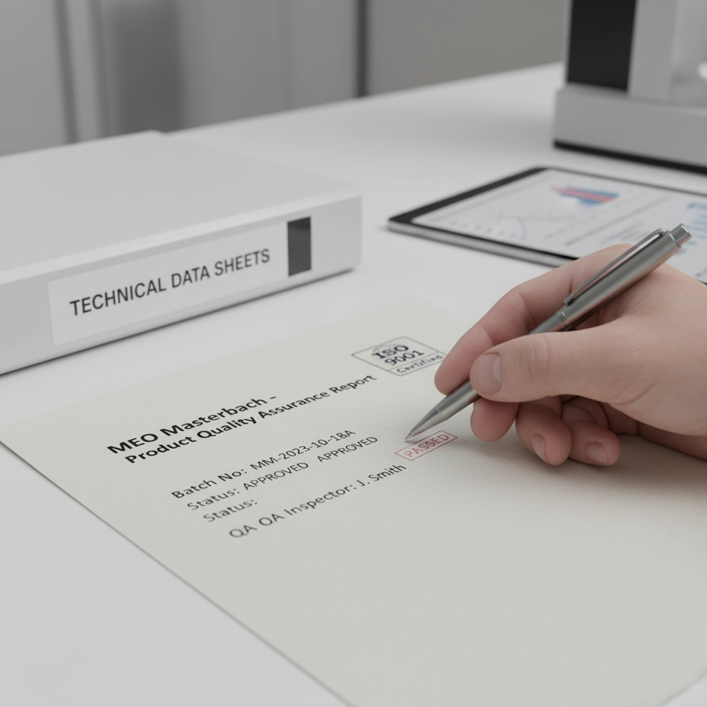 Close-up of a hand pointing to details on a quality control document or an ISO certification.