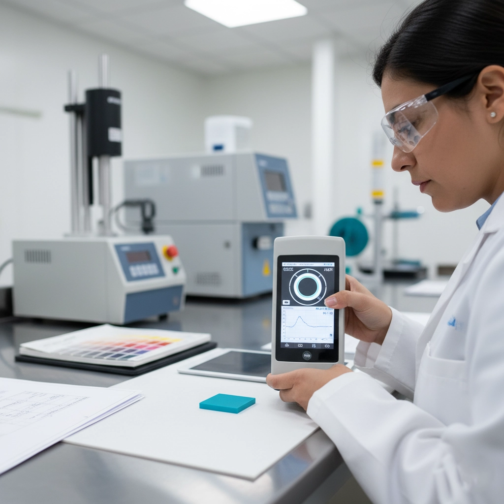 A technician performing spectrophotometric colour measurement on a plastic sample in a quality control laboratory