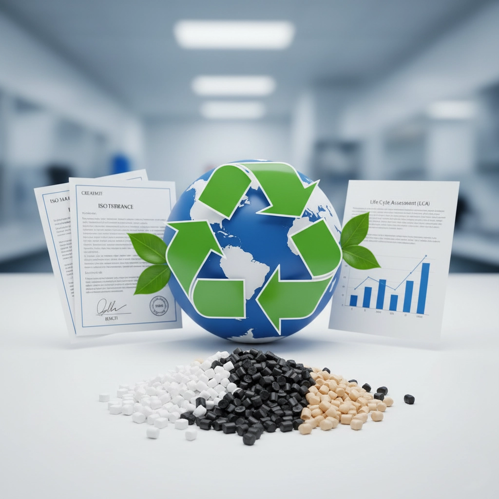 A composite image representing sustainability, showing recycling symbols, green leaves, and scientific compliance documents, with masterbatch pellets in the foreground