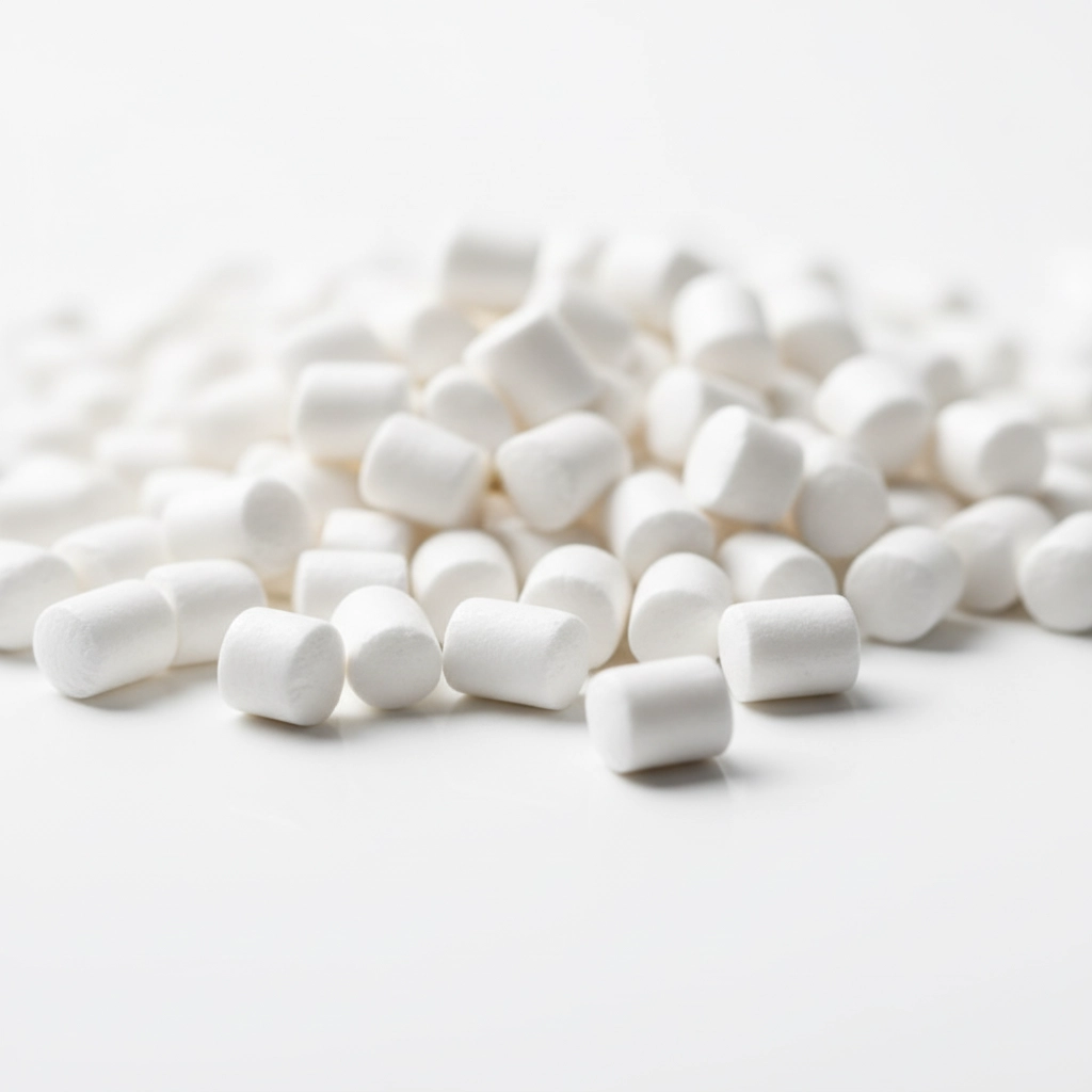 A macro photo of pure white, high-opacity masterbatch pellets on a clean, bright background